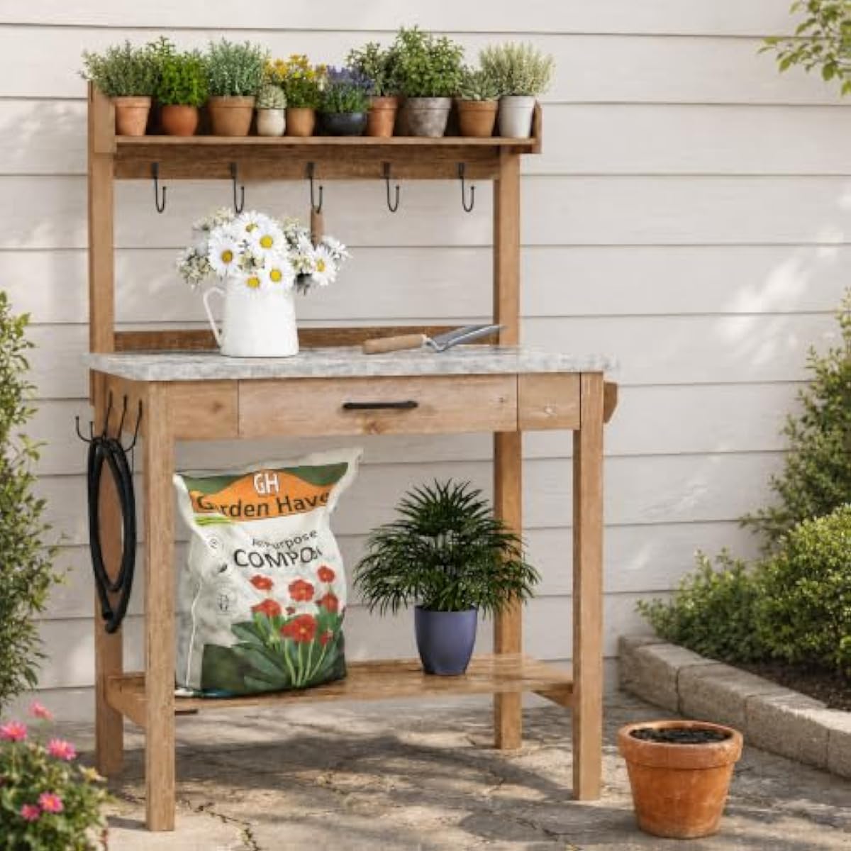 Outdoor Potting Bench with Met - Woodworking Workbench 评论和价格